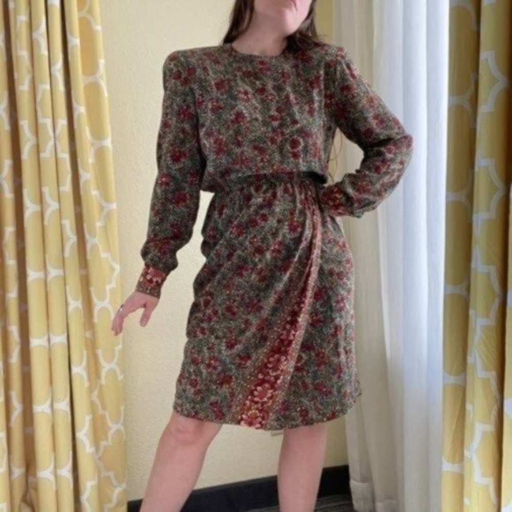 Gorgeous Vintage Liz Claiborne 100% Silk Floral Long Sleeve Midi Dress | Size 4 - Picture 10 of 11